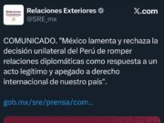 México lamenta y rechaza ruptura diplomática de Perú