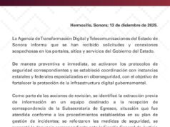 Gobierno de Sonora activa protocolos de ciberseguridad tras detectar actividades sospechosas en sistemas oficiales