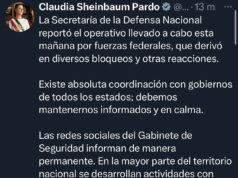 Sheinbaum llama a mantener la calma tras operativo federal y bloqueos