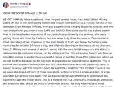 Trump afirma rescate exitoso de militar estadounidense en operación en territorio enemigo