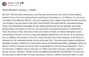 Trump afirma rescate exitoso de militar estadounidense en operación en territorio enemigo
