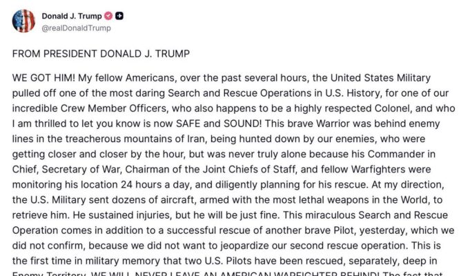 Trump afirma rescate exitoso de militar estadounidense en operación en territorio enemigo