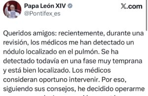 Papa León XIV anuncia que será operado tras detectarle un nódulo en el pulmón
